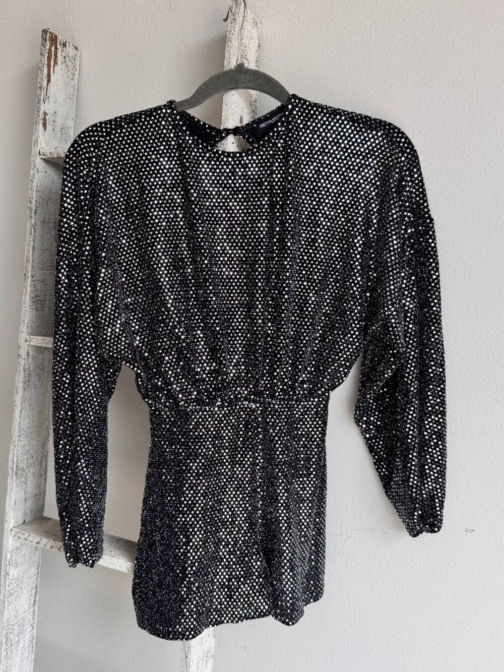 PrettyLittleThing Black Rhinestone Romper – Open Back, Size 0